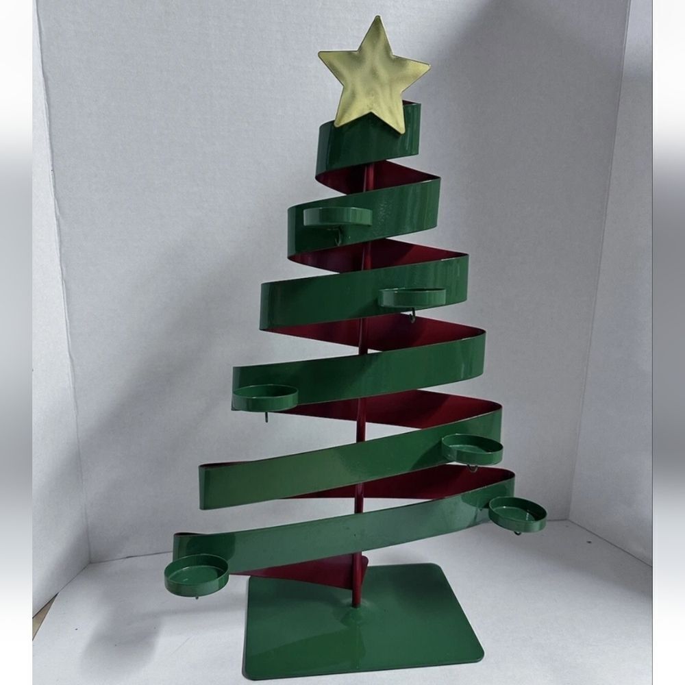 PartyLite Festive Green and Red Spiral Ribbon Tree with Gold And 6 Tealights